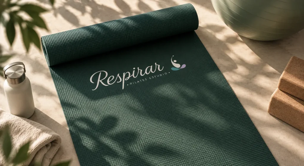 Identidad visual de Respirar Pilates aplicada en mat de pilates